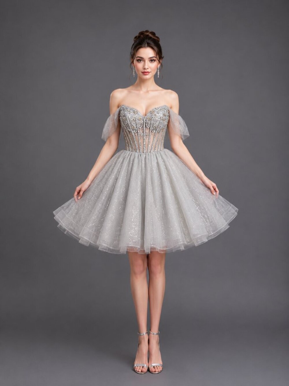 New Silver Off The Shoulder Rhinestones Embellished Fit & Flare Dress DQ 3438